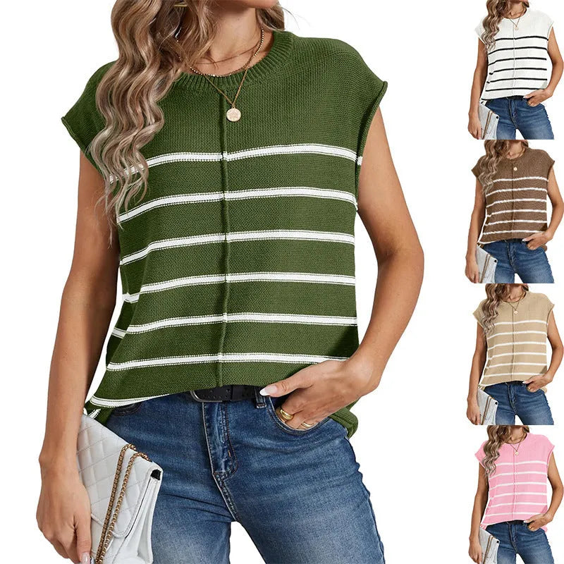 A women's striped sleeveless pullover vest in apricot colour with bone stitching detail.