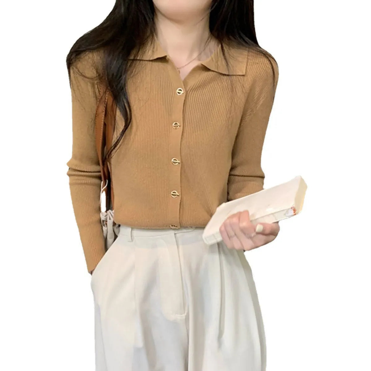 Long-sleeved knitted cardigan bottoming top in viscose fibre with loose fit