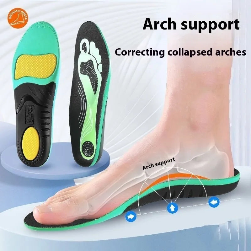 Blue and green flat foot correction PU insoles for arch support, shown in universal sizes.