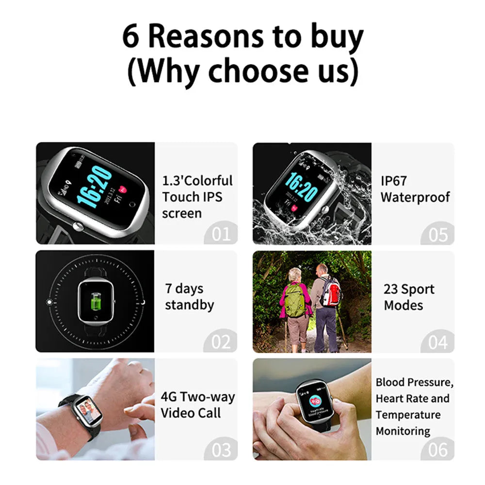 Black elderly smartwatch with square 1.3-inch screen and silicone strap for GPS safety tracking.