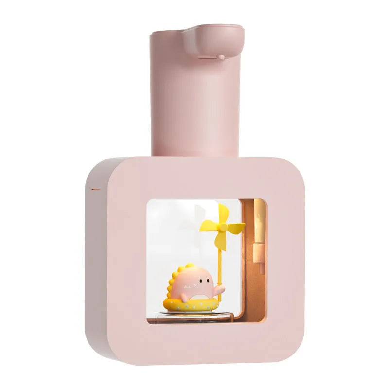 Yellow automatic soap dispenser with cartoon unicorn design for children's bathroom use