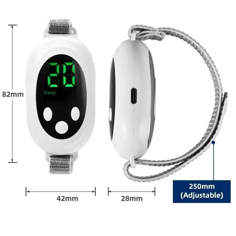 White sleep aid device with remote control and adjustable intensity settings including sleep bracelet