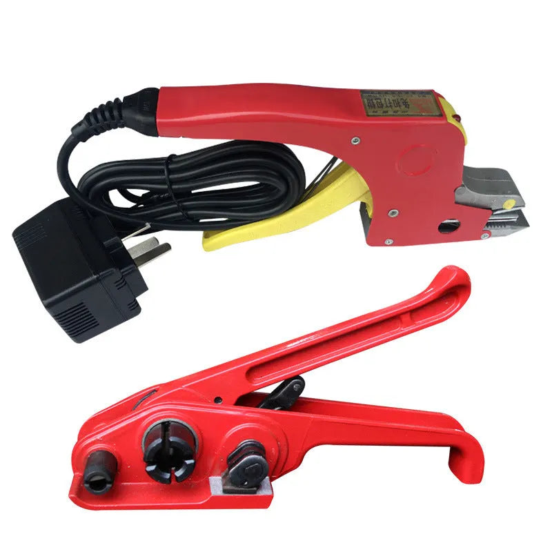 Electric hot melt packing machine with plastic steel tightener and yellow packaging tape for buckle-free strapping
