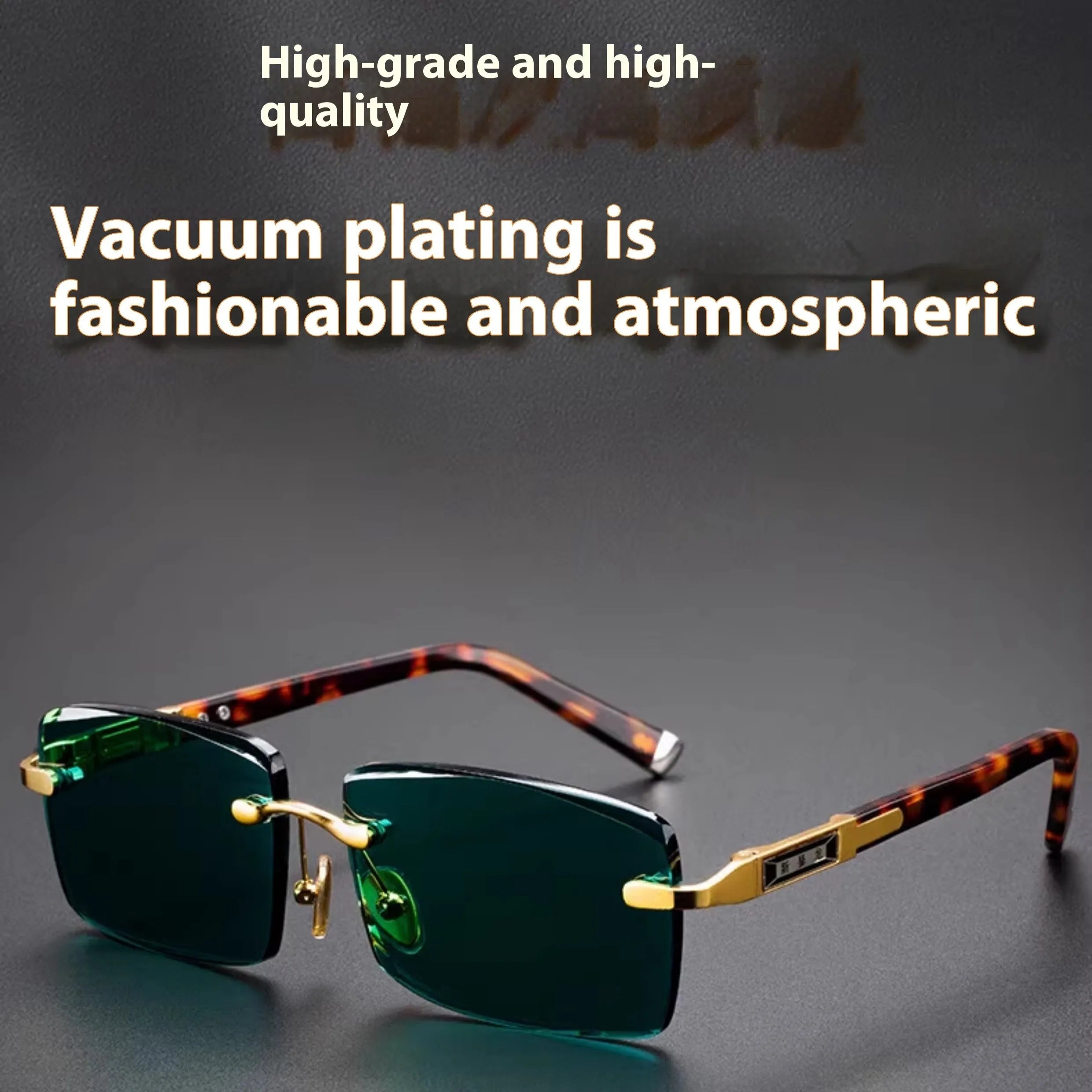 A pair of dark green frameless crystal sunglasses presented with a matching glasses case and a lens cloth.