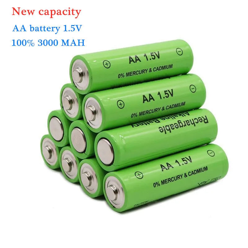 Green alkaline rechargeable AA battery with 3000mAh capacity and 1.5V high voltage label