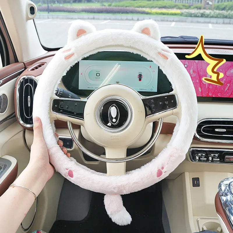 Rabbit fur winter steering wheel cover with cartoon embroidery in 38cm diameter