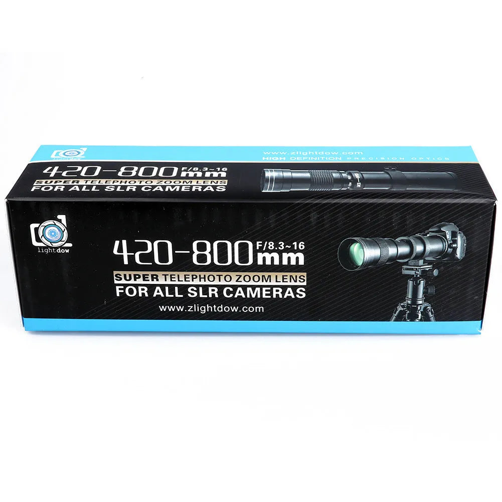 Manual 420-800mm zoom adapter lens with T-mount for full-frame cameras showing 67mm filter thread
