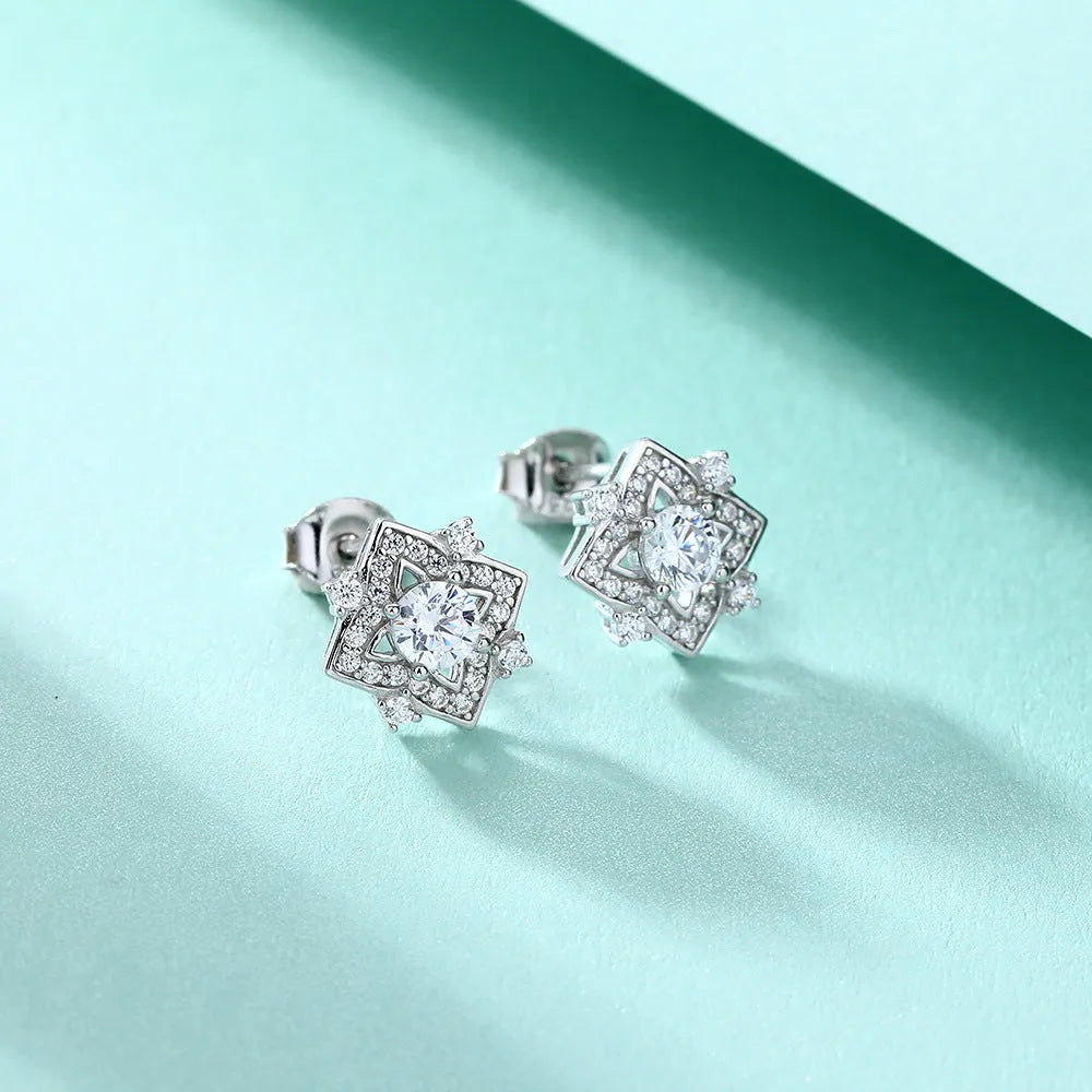 925 sterling silver geometric zircon earrings with white gold finish, star and snowflake motifs, 4mm main stone