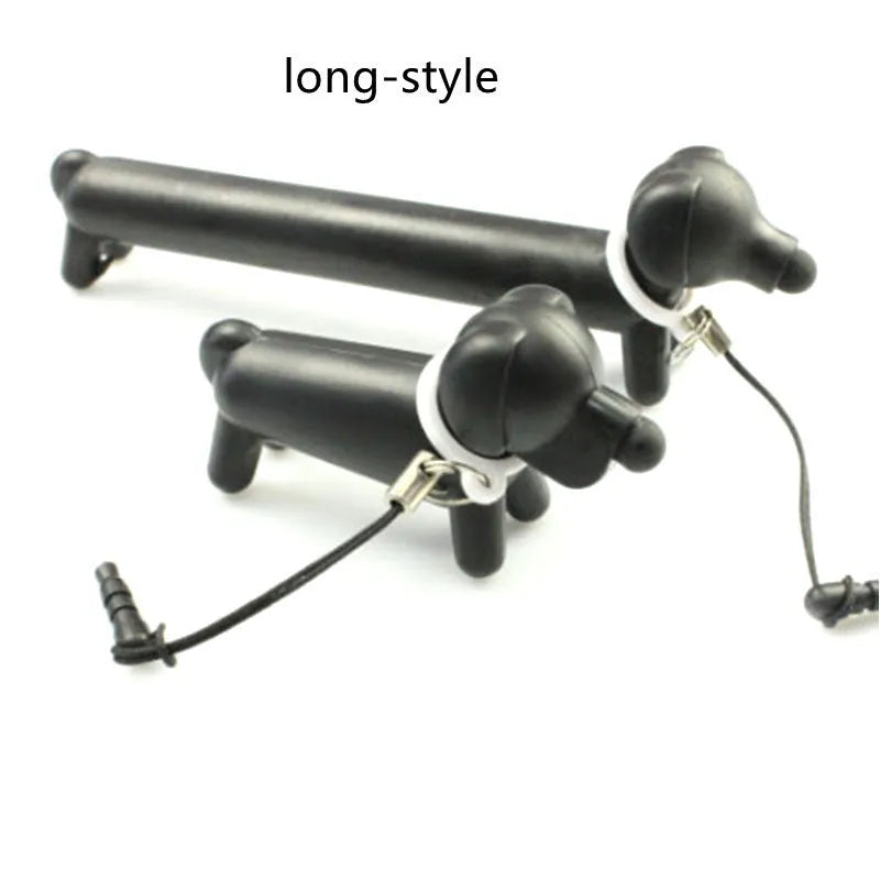 Black dog-shaped touch screen stylus with conductive construction shown next to its carry pouch