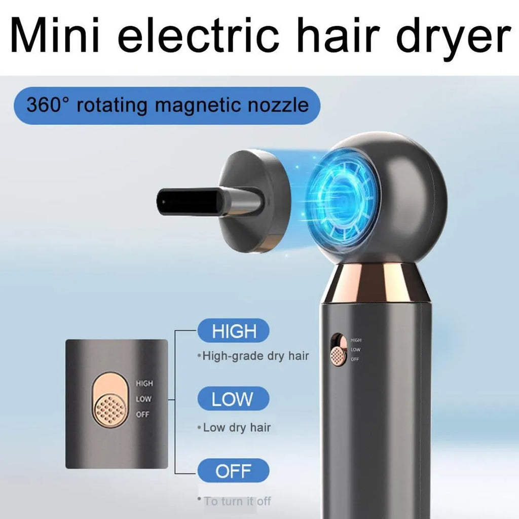 Compact white hair dryer with diffuser attachment showing 20cm length and lightweight design