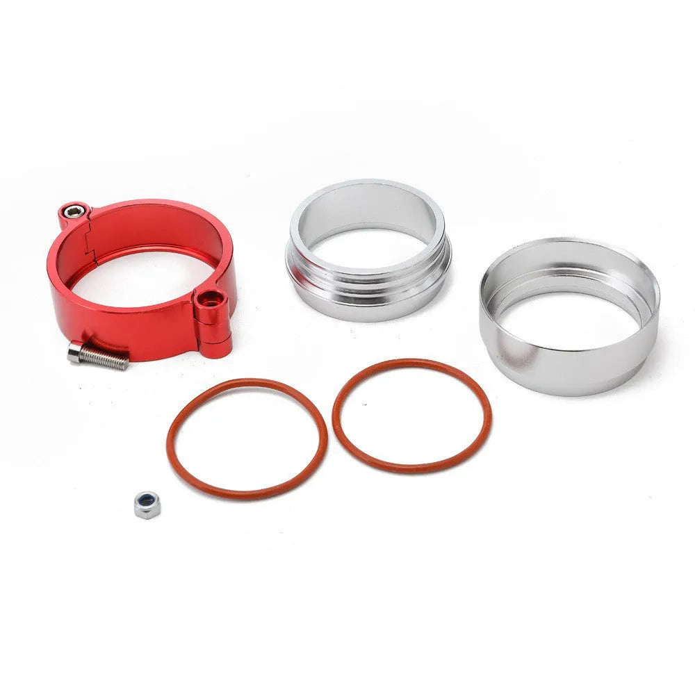 Aluminium fixed movement clamp for turbo exhaust downpipes in black blue red colours