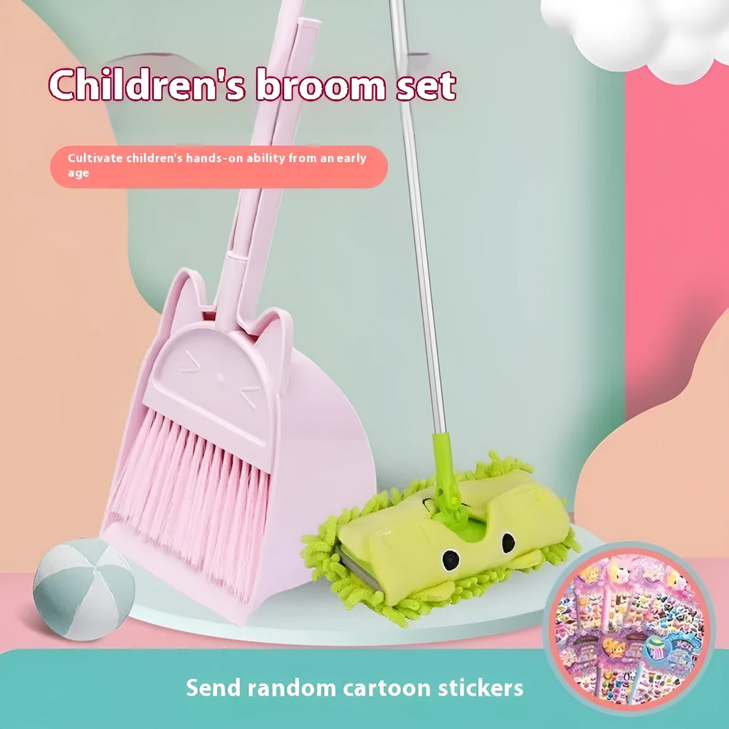 Purple plastic broom and dustpan set with a non-stick rotating brush holder