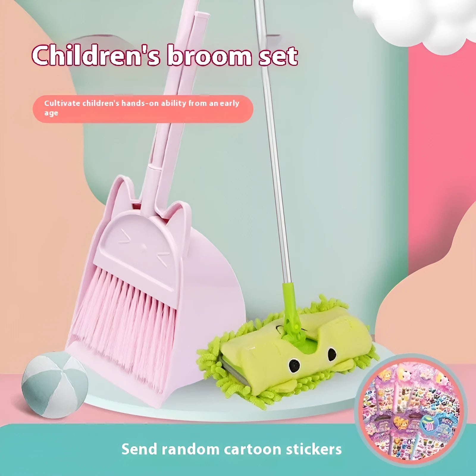 Purple plastic broom and dustpan set with a non-stick rotating brush holder
