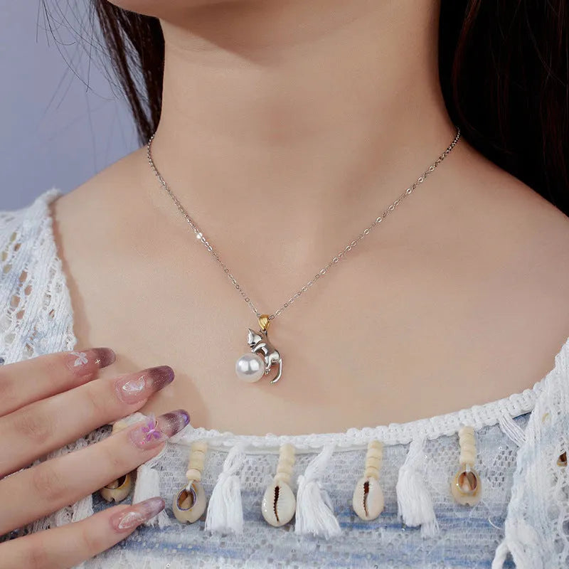 925 sterling silver cat motif clavicle chain necklace with adjustable length