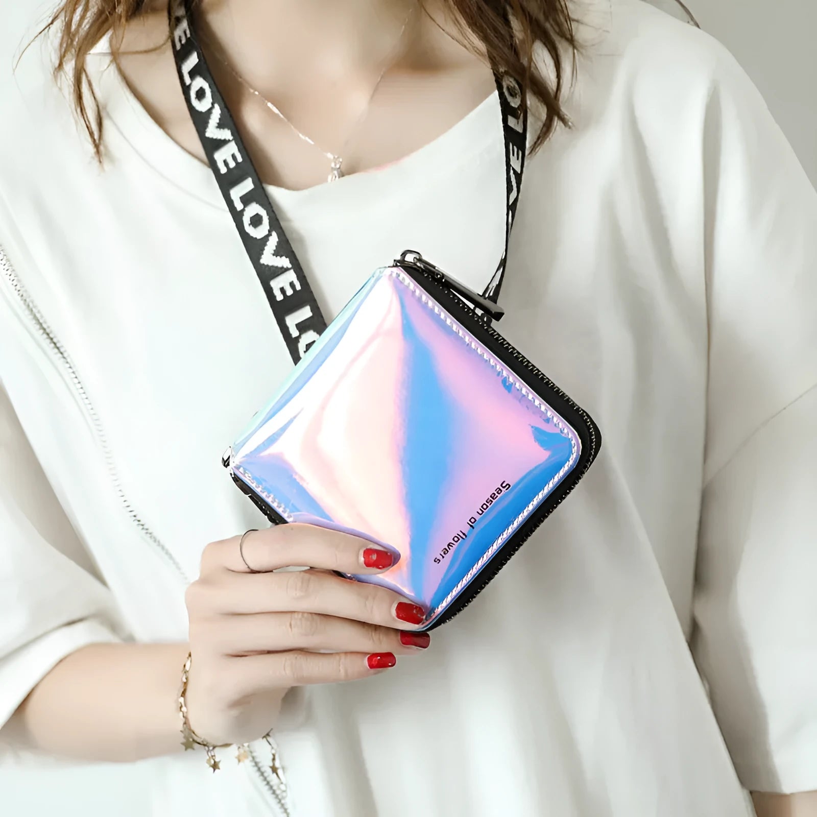 Women's short folding Korean style wallet in PU leather, shown in crystal blue, glitter, and green colours.