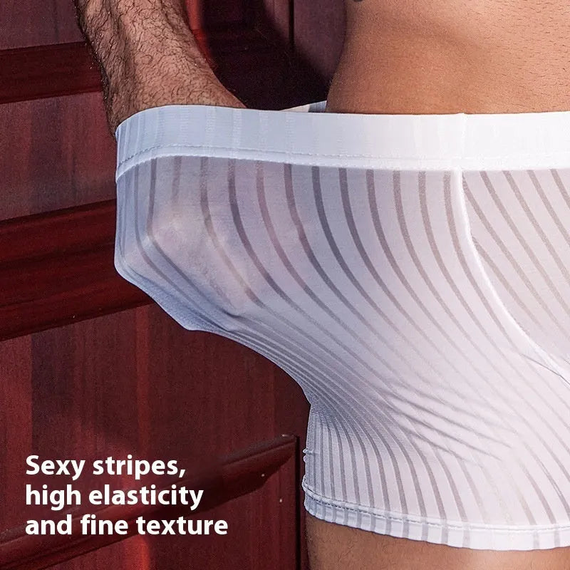 Men's striped boxer briefs in black, white, and dark grey with high elasticity nylon fabric