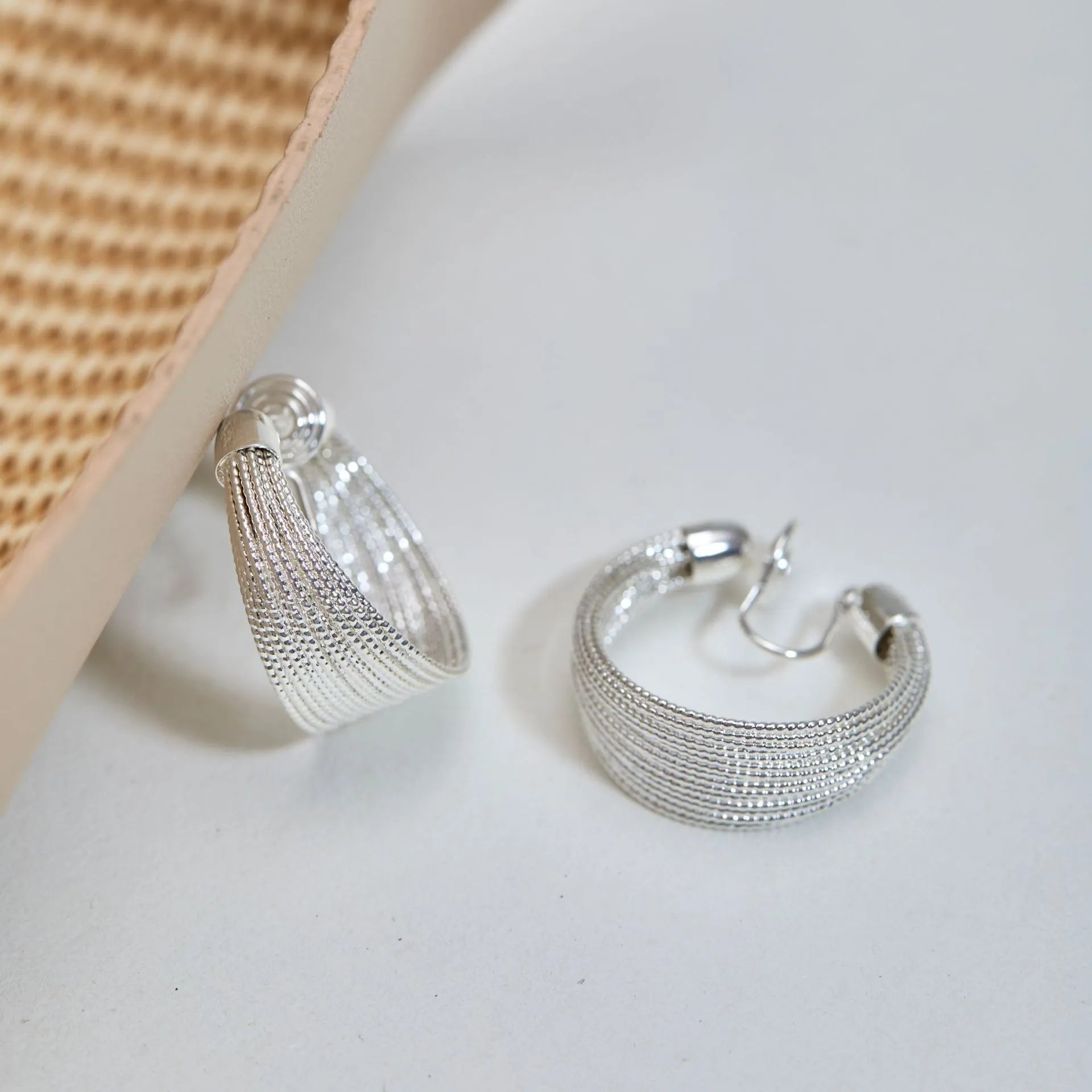 Geometric multi-layer bracelet earrings in silver and gold electroplated copper with stud and clip-on options