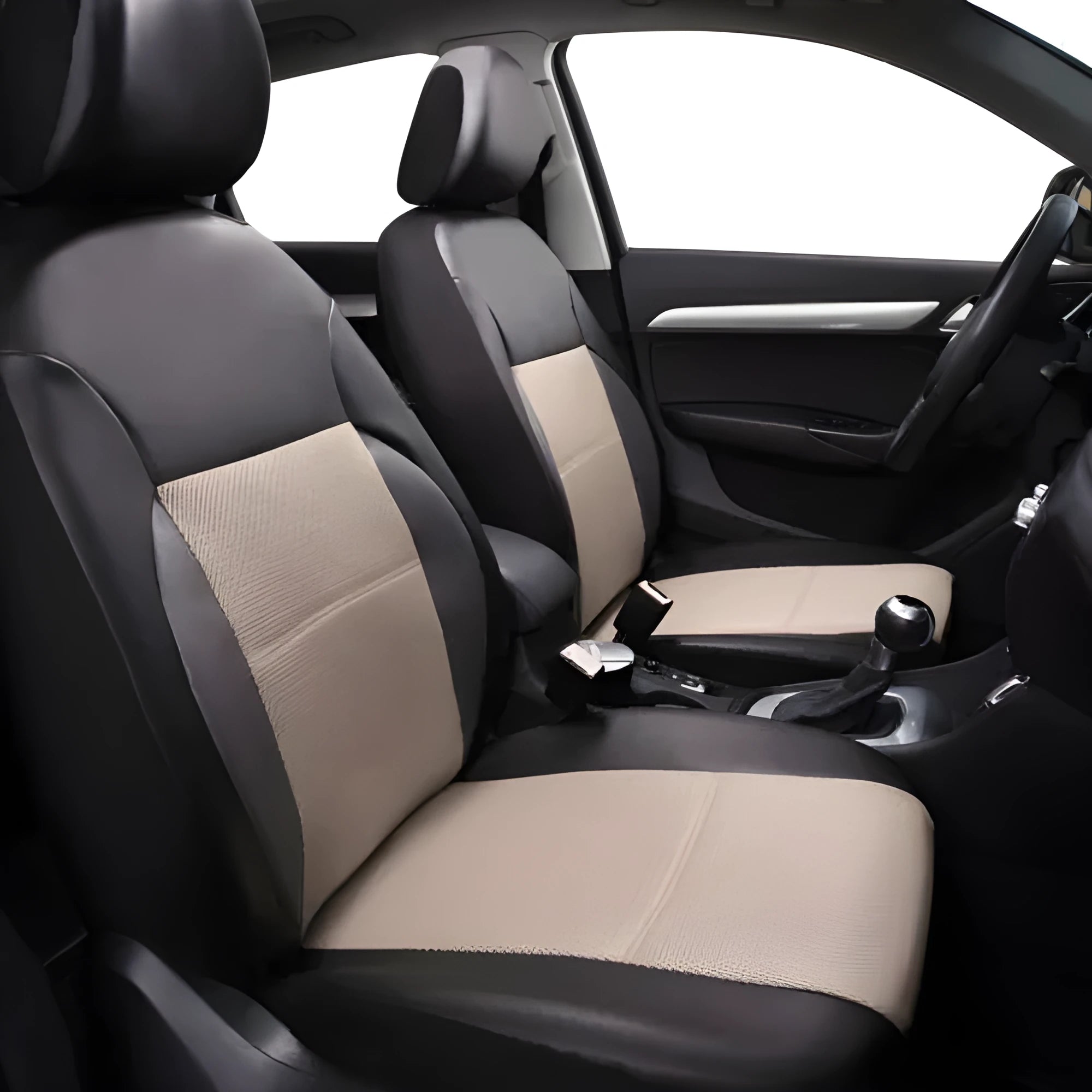 Universal artificial leather car seat cover set showing front seat and individual seat covers in choice of colours