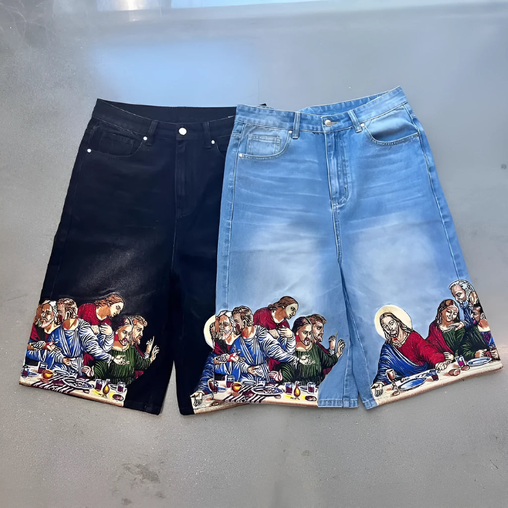 Blue men's cotton shorts with a Jesus design printed on the back pocket, showing tapered leg.