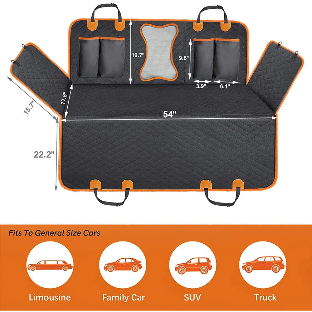 Black dog car seat cover with orange edging, showing mesh window and storage pocket on rear seat
