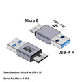 Micro B USB adapter converter showing Type-C and USB-A to micro B male connections for charging and data transfer