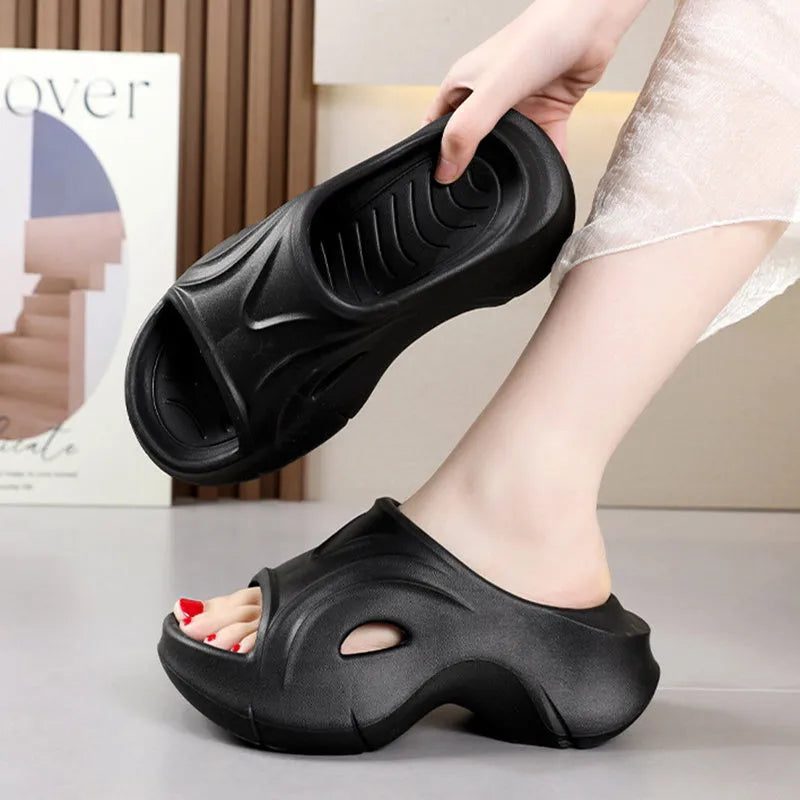 Women's EVA thick-soled slippers in white, black, and rose red colours with round toe design