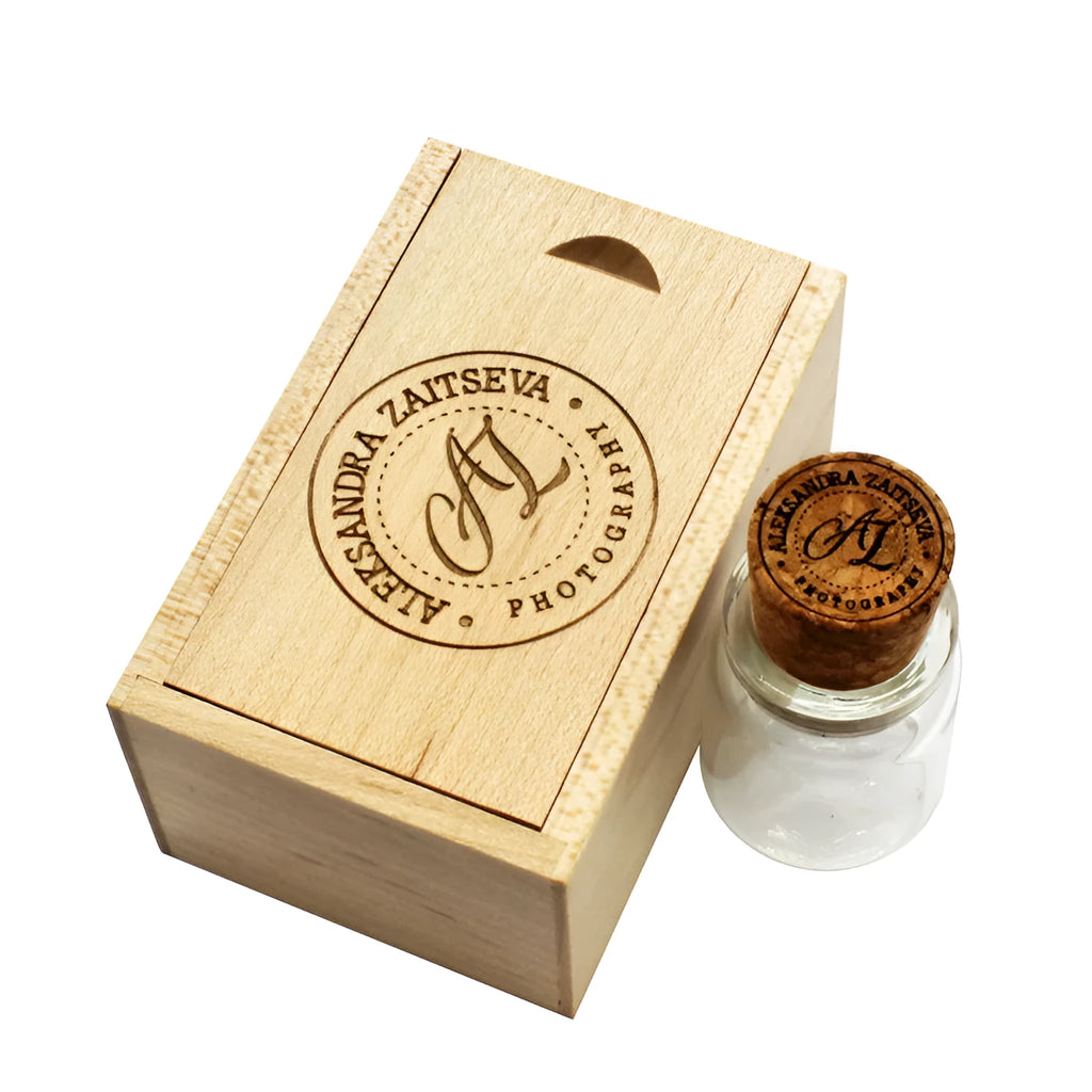 Chocolate brown wooden USB flash drive in a drift bottle shape with space for custom graphics.