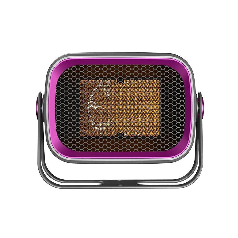Compact white desktop ceramic heater with push buttons on a wooden desk.