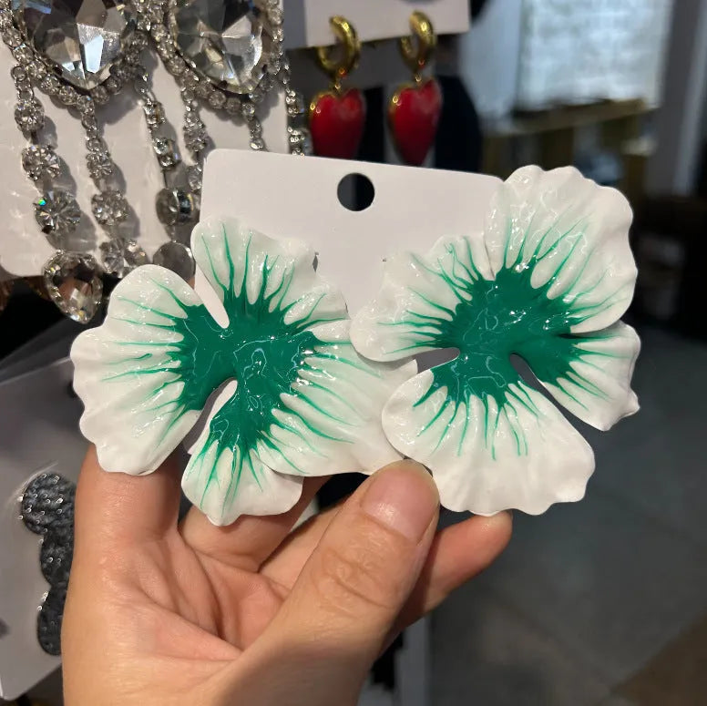 Pastoral style flower earrings with oil-spot glaze finish in blue, green, purple, and rose colours