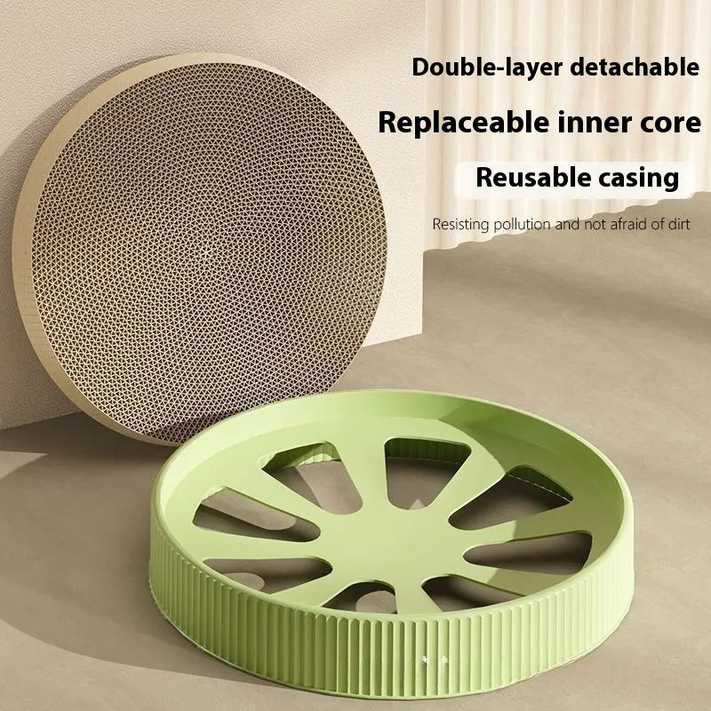 Round green cat scratching board measuring 55cm with replaceable corrugated cardboard refills