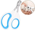 Blue cat nail clippers with circular cut hole and cushioned handle for safe pet nail trimming