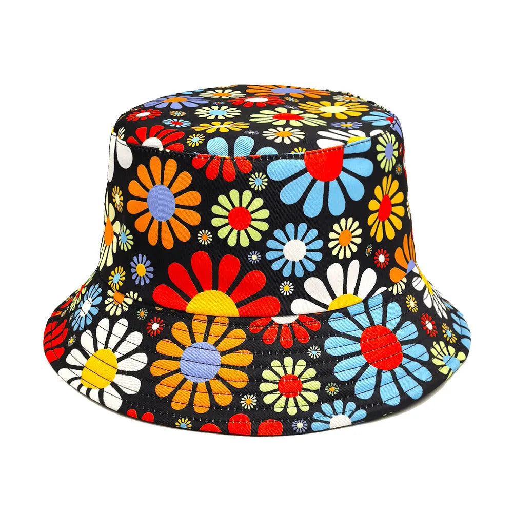 Colourful flower print polyester bucket hat with dome crown design for sun protection