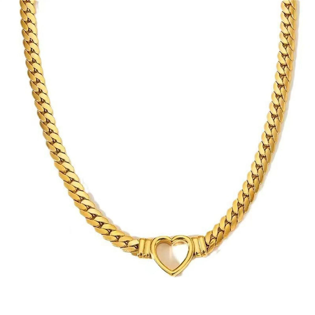Gold personalised love chain necklace bracelet set with heart pendant on Cuban chain