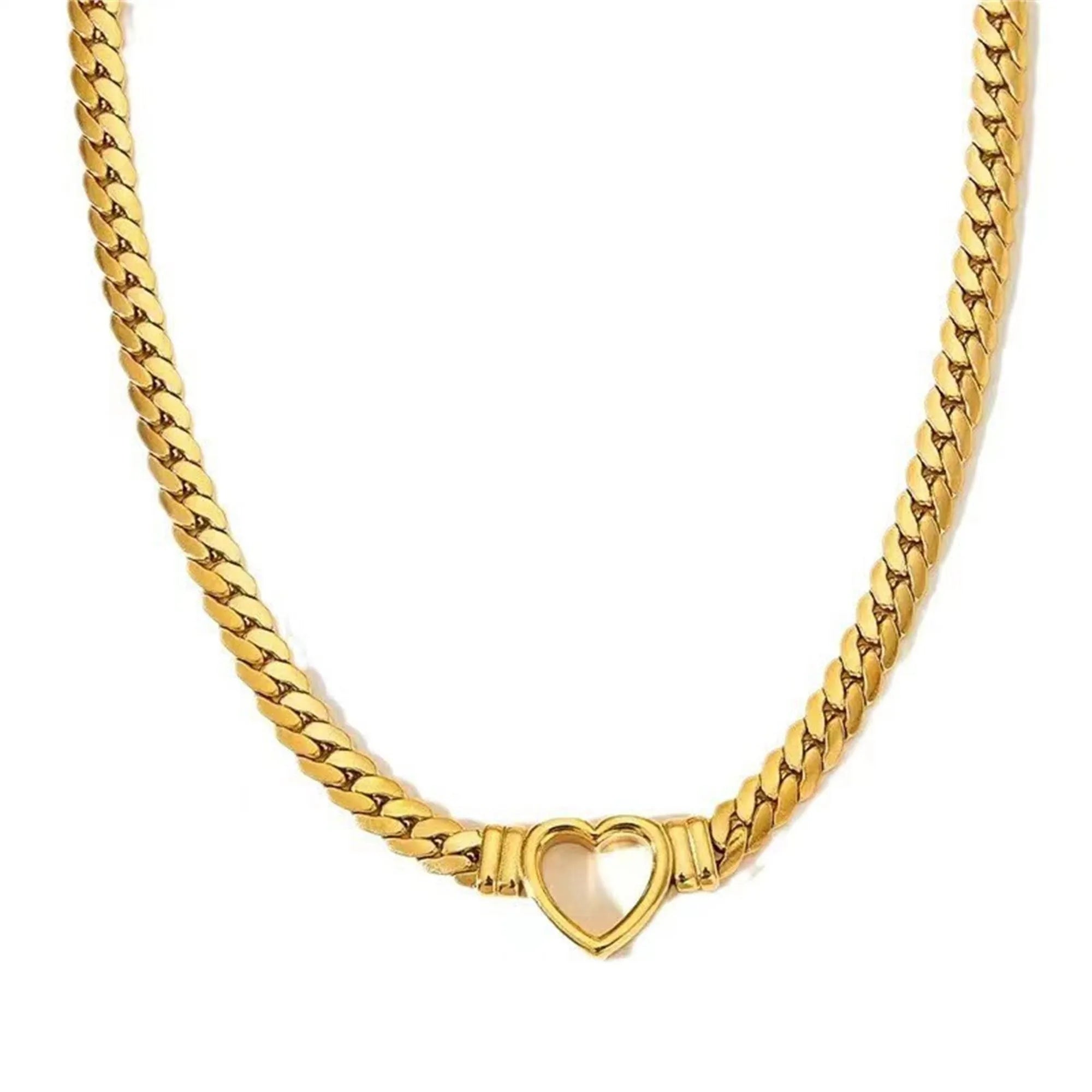 Gold personalised love chain necklace bracelet set with heart pendant on Cuban chain