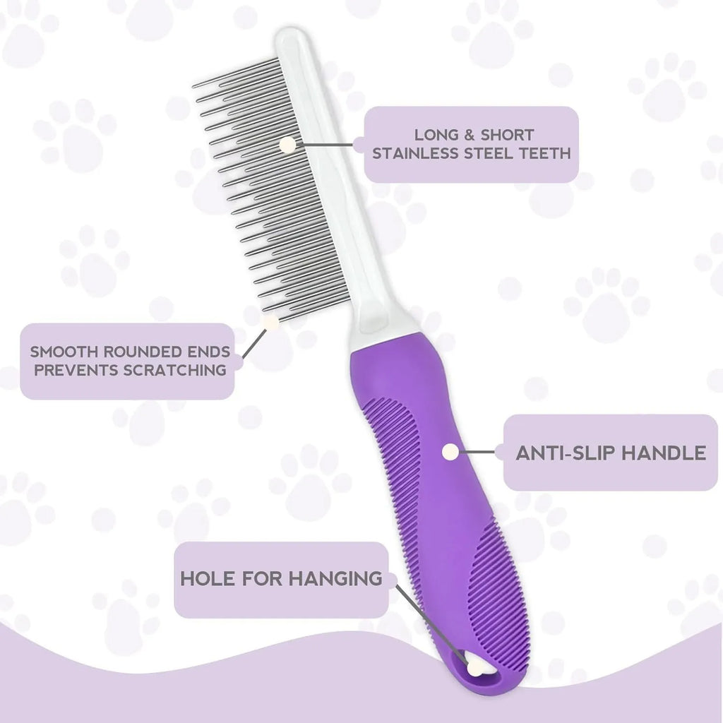 Purple pet detangling comb with stainless steel teeth and ergonomic handle for dog and cat grooming