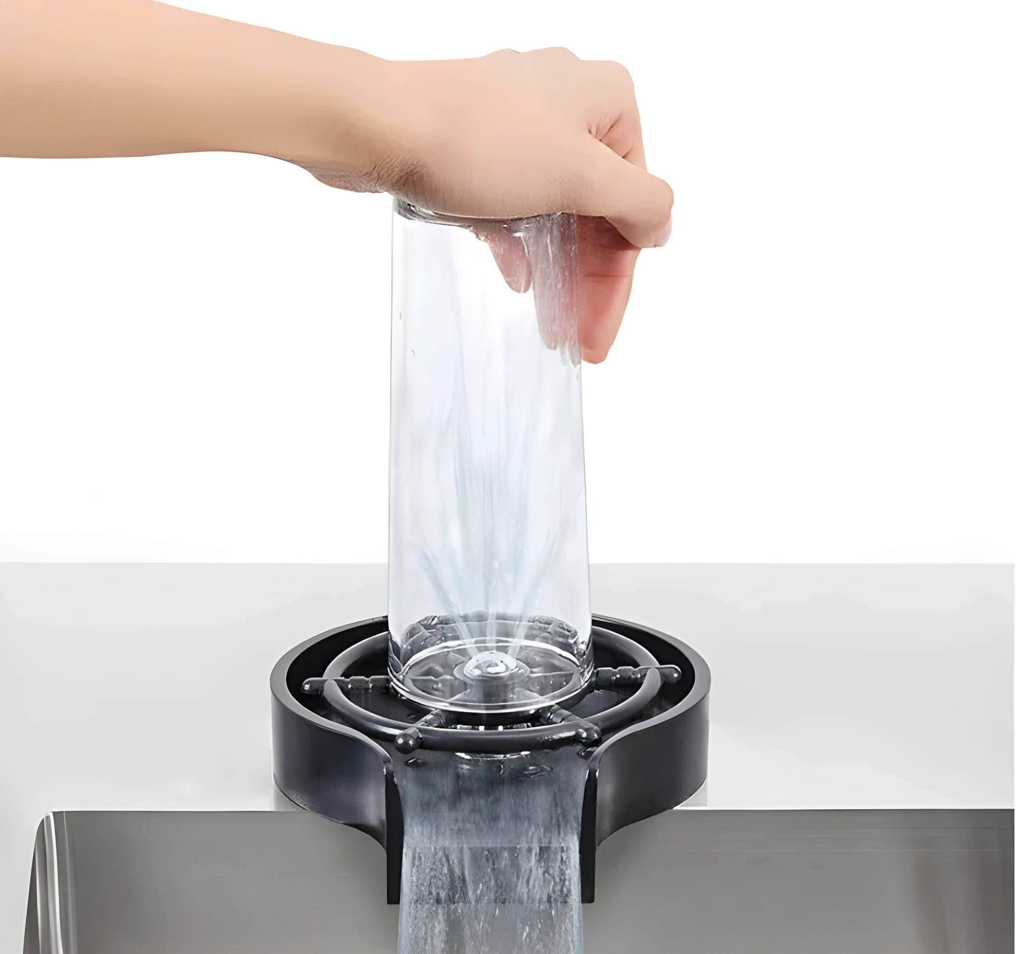 Stainless steel automatic glass washer with black ABS base and copper connection hose