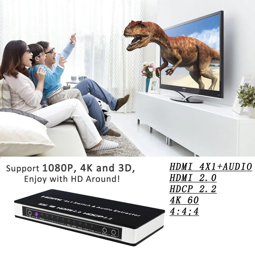 Black HDMI audio video switch with four input ports, one output port, remote control and power adapter