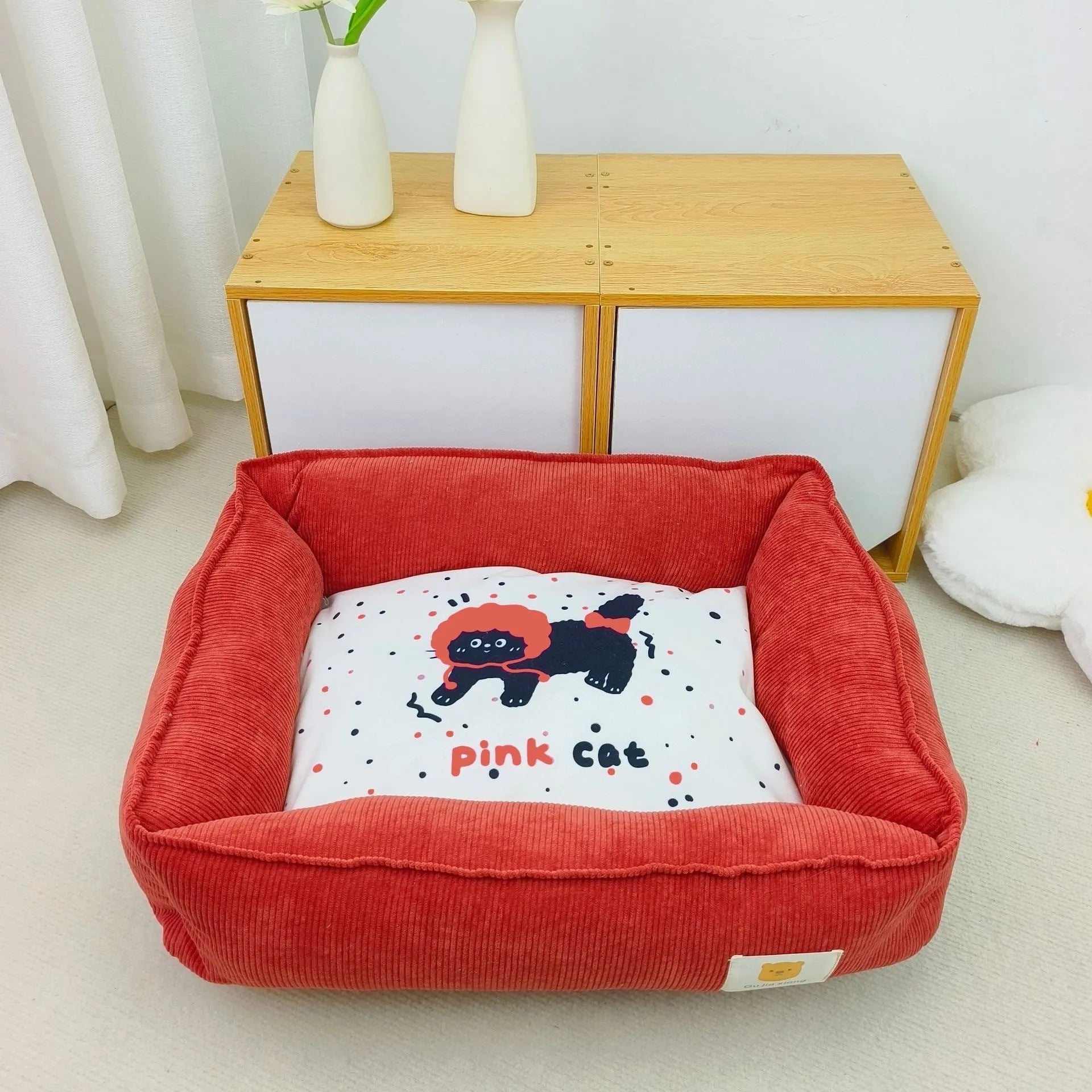 Cotton dog bed with fine velvet surface in Chinese red colour showing 50x40cm size