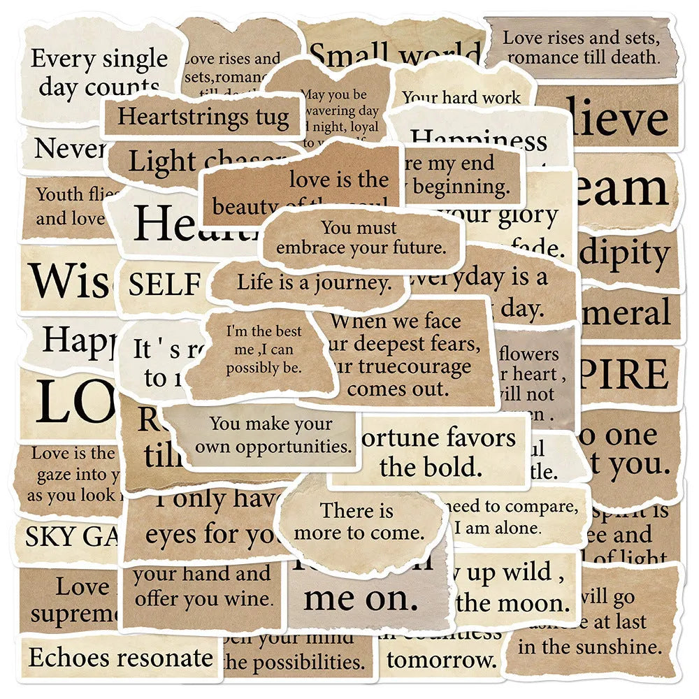 Torn English design laptop stickers in assorted sizes from 4 to 7 centimetres