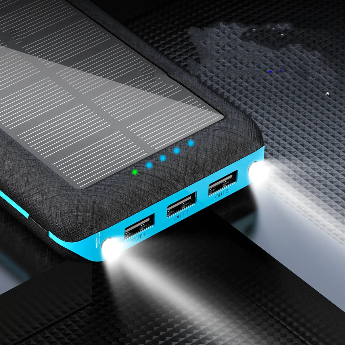 Black portable power bank with Qi wireless charging pad, three USB ports, and an LED flashlight on the front.