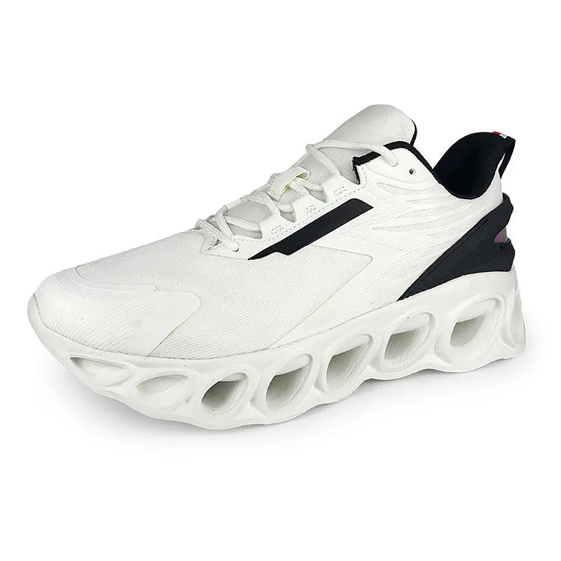 Men's low top casual shoes in black with mesh upper and white lace-up closure.