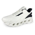 Men's low top casual shoes in black with mesh upper and white lace-up closure.
