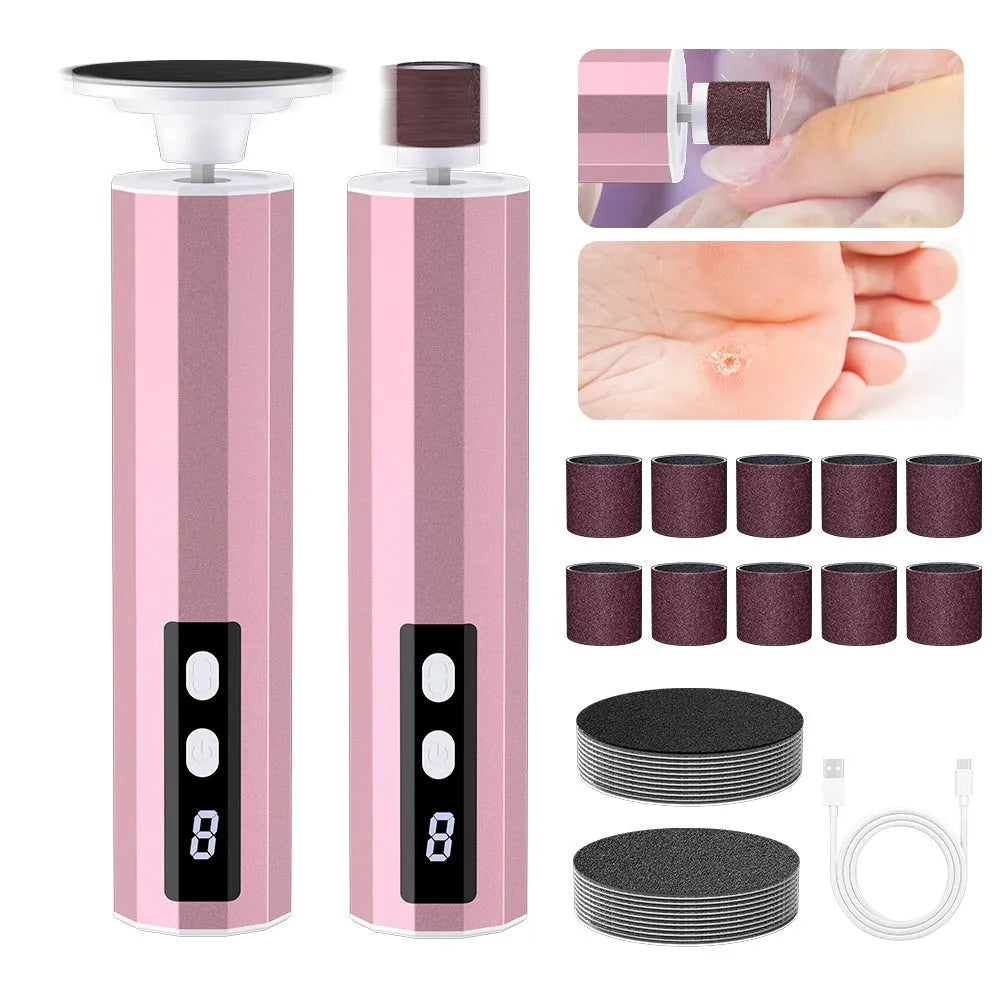 USB rechargeable electric foot file and callus remover with sandpaper wheels in pink, black, and purple colours.