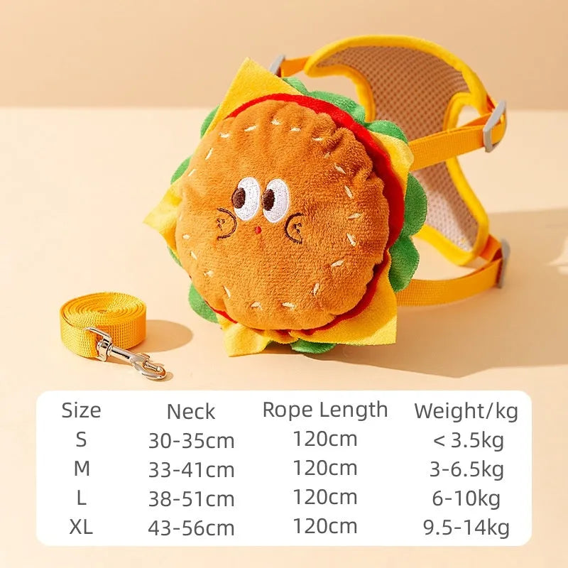 Cartoon hamburger print adjustable vest leash for a dog, showing hook-and-loop fasteners and attached rope.