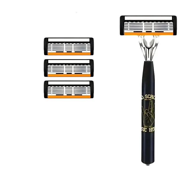 Black six-layer finger grip manual shaver handle with a set of metal cutting blades.