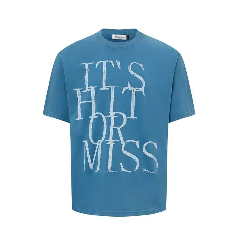 Men's loose fit American retro style t-shirt with letter print design in blue colour