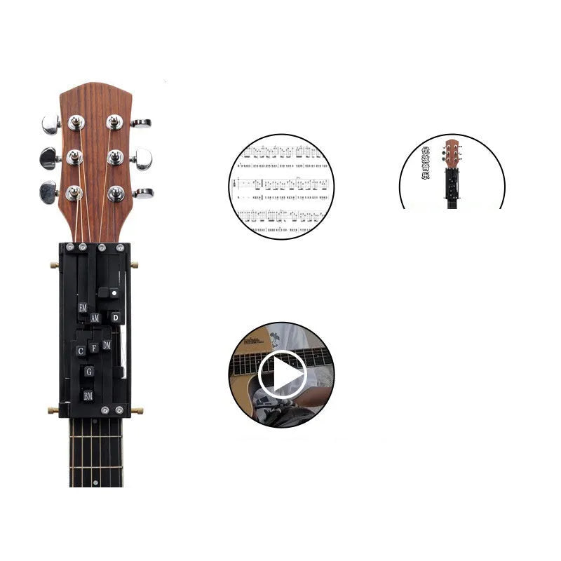 Black automatic guitar chord practice device for novice players on a folk guitar.