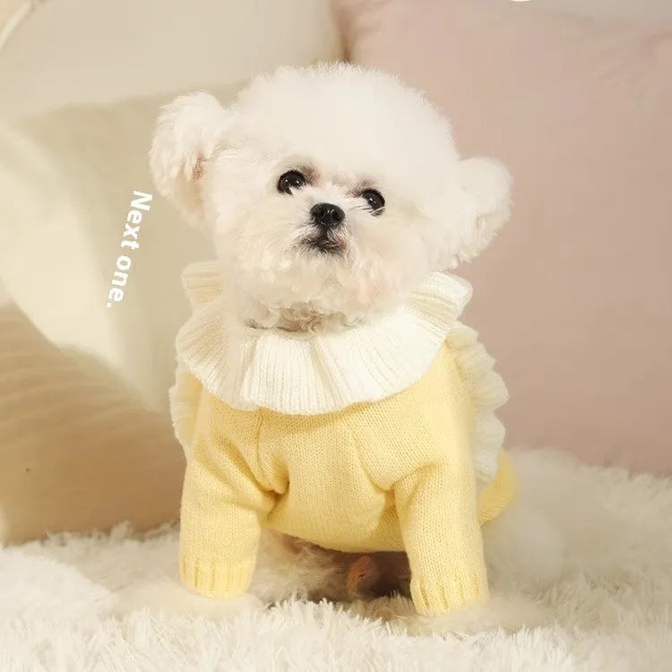 Yellow or patterned fairy dress acrylic knit sweater for small dogs on a mannequin.