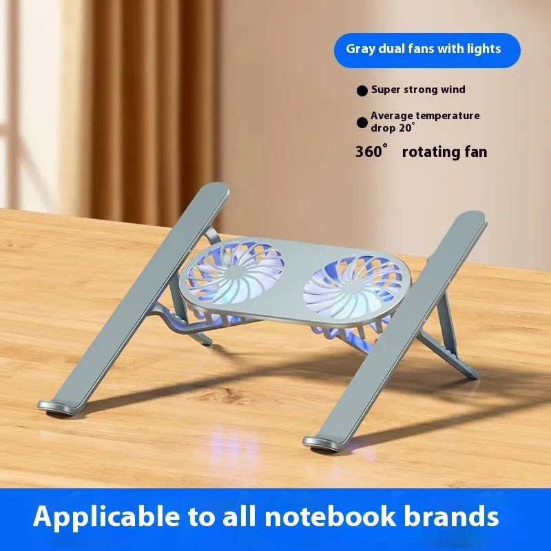 Aluminium alloy laptop cooling stand with twin fans and adjustable height mechanism in silver finish