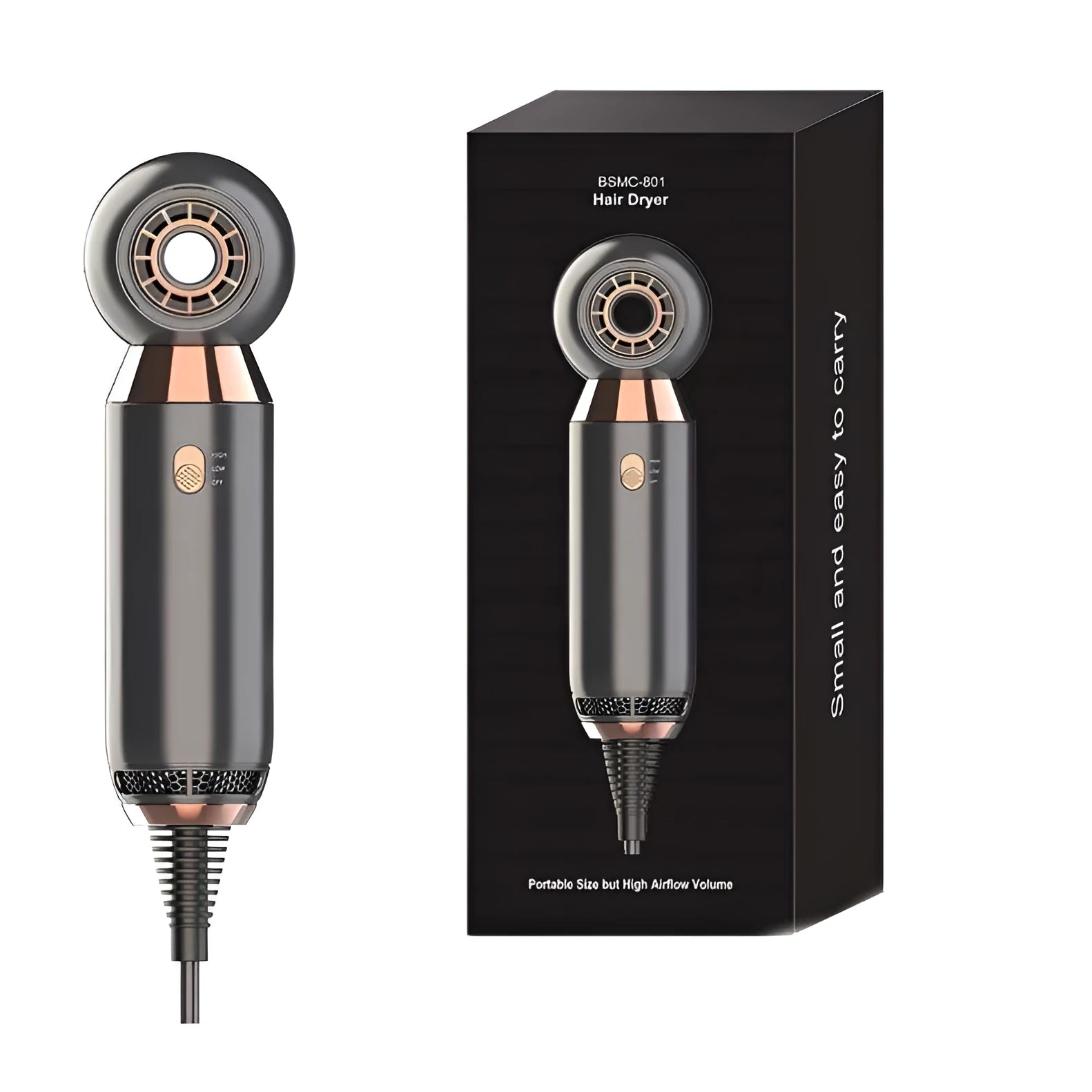 Compact white hair dryer with diffuser attachment showing 20cm length and lightweight design